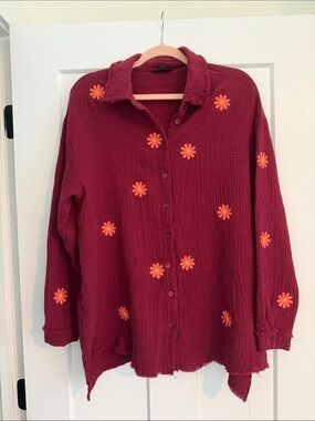 Embroidered Maroon Button-Down Gauze Shirt